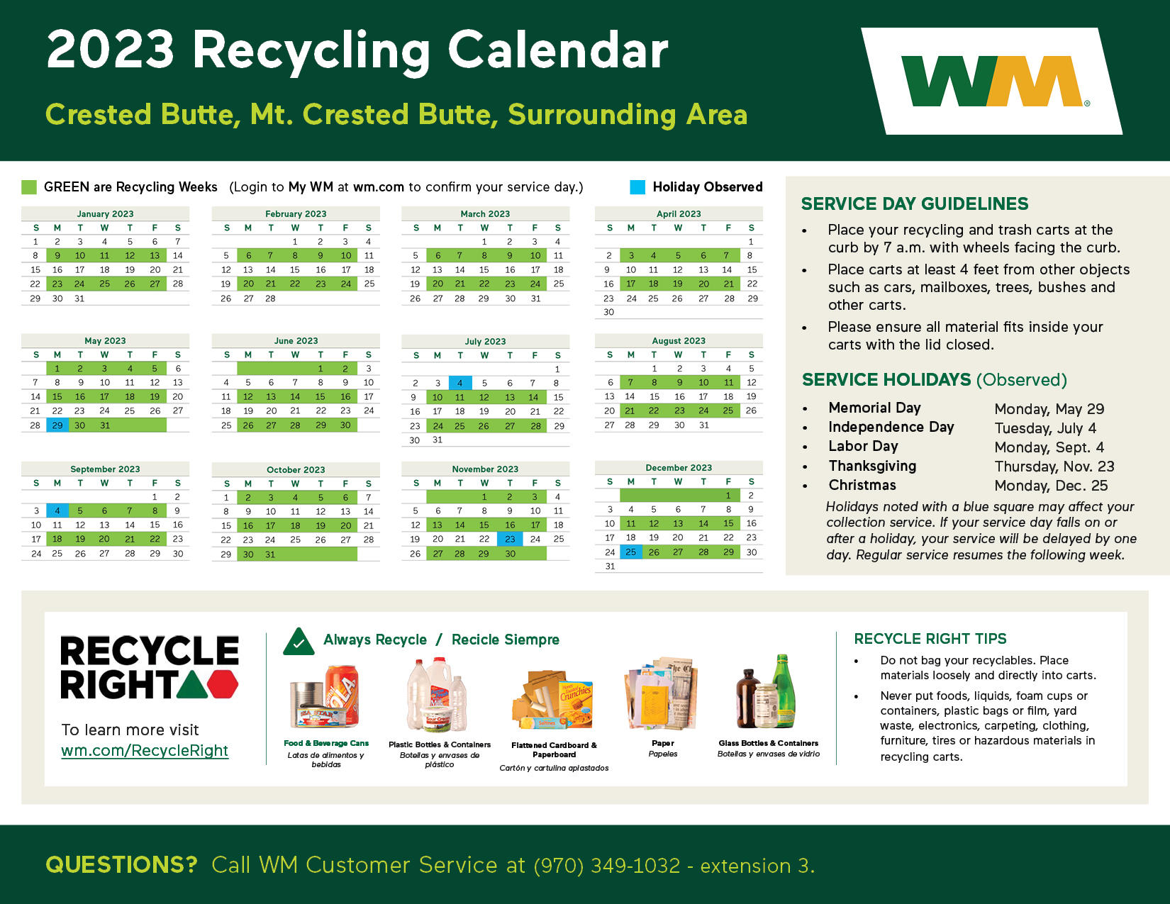 The recycling and trash calendar for 2023 in the Town of Mt. Crested Butte.