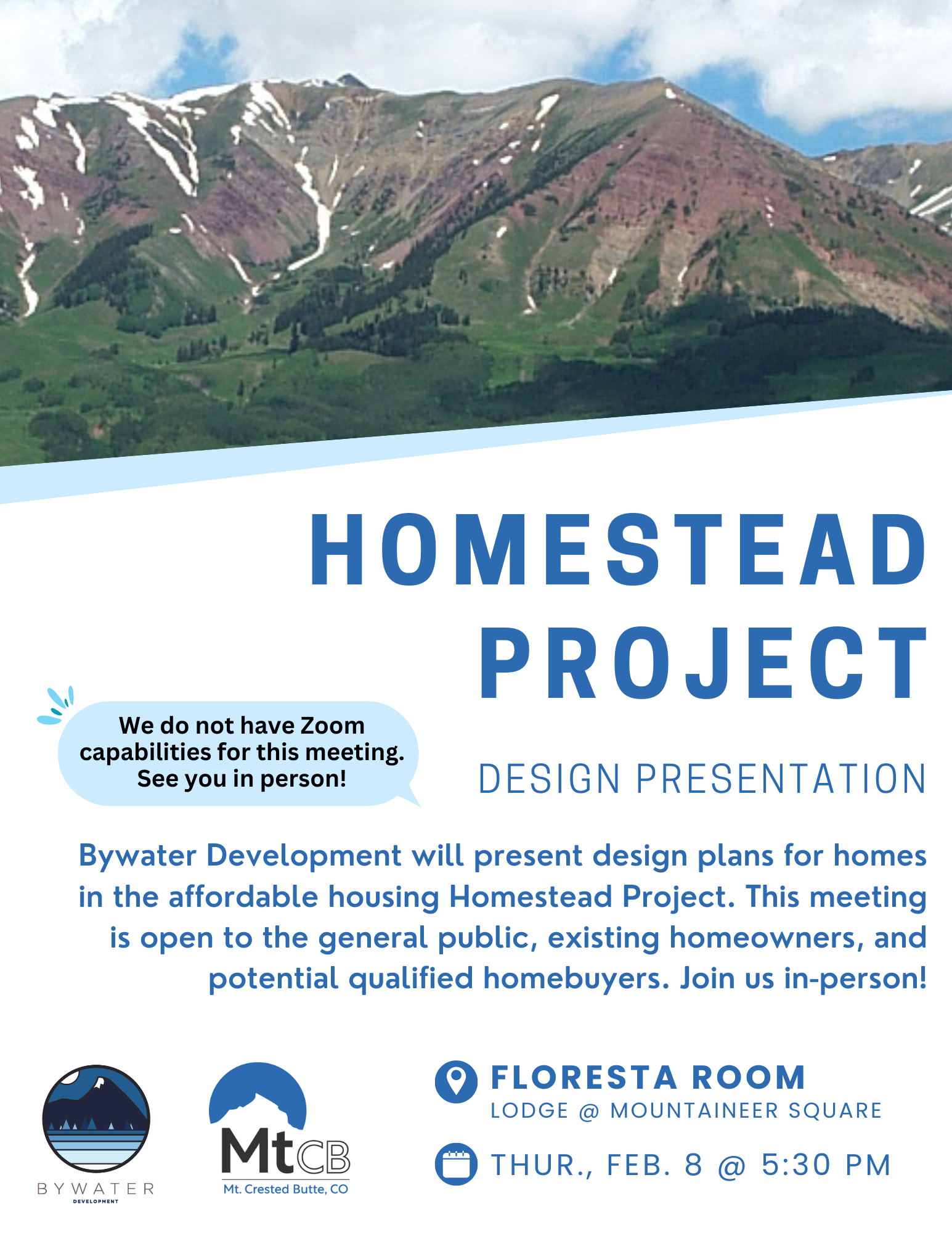 Flyer for the Homestead Housing Project Design Presentation Meeting